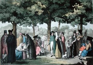 巴塞罗那的兰布拉斯，出自朱尔斯-费拉里奥的《古今服饰》，约1820年（彩色平版印刷）。 作者 Gallo Gallina