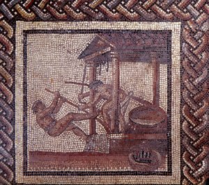 Gallo Roman Art: mosaic paving representing a rustic calendar. An oil press. End 2nd, beginning of 3rd century after JC. From Saint-Romain-en-Gal (Rhone). Saint Germain en Laye, National Museum of Archeology 作者 加洛·罗马