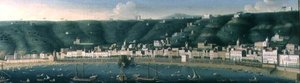 从海的那不勒斯看法有Castel dellOvo和Chiaia的郊区，1731