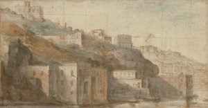 那不勒斯湾梅尔盖利纳风景，远处是卡波迪蒙特（红色和蓝色粉笔，钢笔和棕色墨水，水彩，红色和黑色粉笔画方格）