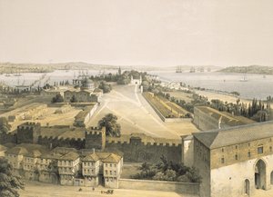 君士坦丁堡的全景，板块22来自&39;Aya Sofia，君士坦丁堡&39;，由Louis Haghe刻着（1806-85）1852