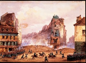 1848 年大革命场景，二月圣凯瑟琳文化街街垒，法国戈博作品 作者 加斯帕德·戈博特