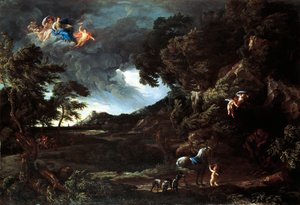 与迪多和埃涅阿斯的结合的风景，约1664-48（布面油画 作者 Gaspard Poussin 和 Maratta 或 Maratti Carlo Dughet