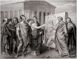 雅典政治家 Pericles（公元前 495-429 年）和他的同伴 Aspasie 指导 Phidias 为帕台农神庙的工作 a Athenes（Pericles 和 Aspasia 指导 Phidias 为雅典的帕台农神庙工作）在 Gaspare Landi（1756-1830 年）的一幅画之后雕刻。 19日 作者 加斯帕兰迪