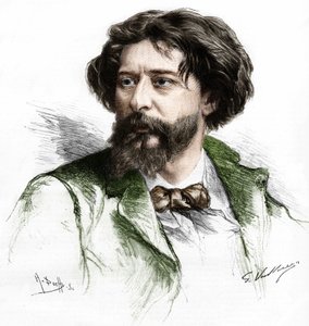 法国作家阿尔方斯-多德（1840-1897）的肖像。A. Pochy根据Gaston Vuillier的作品绘制的版画，日期为19世纪末。 作者 加斯顿（后）Vuillier