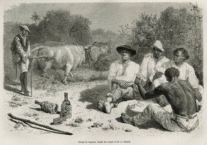 A group of vaqueros playing cards and drinking alcohol, near their herds of oxen, engraving after a drawing by G.Vuillier, to illustrate the story De Cayenne aux Andes, by Jules Crevaux, doctor of the French navy, in 1878-1879, published in the tour du mon 作者 加斯顿·沃利耶（Gaston Vuillier）