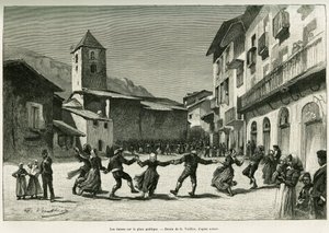 公共广场上的舞蹈。G.Vuillier的版画，为Gaston Vuillier的故事Le val d