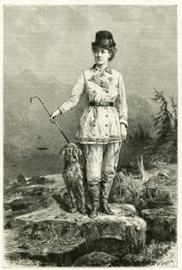 Portrait of Madame Marie De Ujfalvy-Bourdon, in travel dress, with her dog, married to ethnologist linguist and explorer Charles Eugene Ujfalvy (1842-1904), she accompanied him on all his expeditions. Engraving by G.Vuillier, after nature to illustrate the