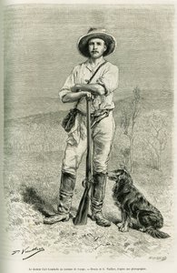 旅行家作家卡尔-卢姆霍兹的肖像。G.Vuillier的版画，为故事《Chez les cannibales, voyage dans l