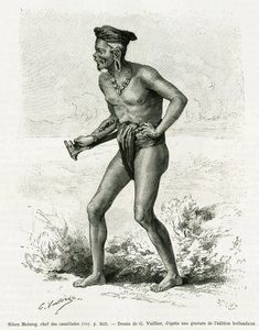 西布-莫邦，食人族的头。G.Vuillier的版画，用于说明卡尔-博克的故事《De Koutei a Bandjirmasin》，即穿越婆罗洲的航行，载于1890年的世界之旅，由Edouard Charton（1807-1890）导演，Hachette，巴黎。