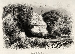 拿破仑，即拿破仑-波拿巴（1769-1821）小时候喜欢躲起来学习和冥想的山洞。雕刻和故事 "La Corse"，Gaston Vuillier（1845-1915），1890年，在Le tour du monde，nouveau journal des voyages，由其指导。