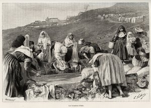 奥西洛（意大利）的薰衣草，妇女们聚集在盆地周围。 Gaston Vuillier（1845-1915）的雕刻和故事“La Sardaigne”，1890 年，在 Le tour du monde，新航海杂志，由 Edouard Charton（1807-1890）指导，第二学期 作者 加斯顿·沃利耶（Gaston Vuillier）