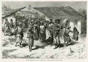 巴库鲁村，原住民获得了和平谈判的礼物。G.Vuillier的版画，为故事《非洲的土地》（Dans les tenebres de l