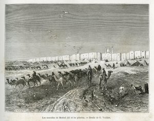 The walls of Meshed Ali (Ali Ibn Abi Talib, died in 661, cousin, disciple and son-in-law of Muhammad (570-632)) are located in the mosque of Najaf (Iraq) and the pelerins gather to celebrate the first and father of all imams. Engraving by G.Vuillier, to il