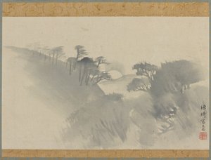 有山丘、树木和月出的风景，江户时期，1747-1868。 作者 元气