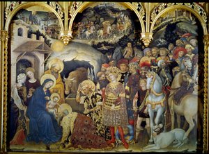 Gentile da Fabriano (1370-1427)1423年创作的木雕《魔女的崇拜》（The Adoration of the Detrempe Magi on Wood）。太阳。3x2.8米 佛罗伦萨，乌菲兹美术馆。 作者 Gentile da Fabriano