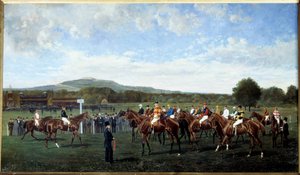 出发于 1877 年由福伊男爵 (Baron Foy) 主持的隆尚 (Longchamp) 在赛马场的比赛开始时设置马匹。 Geo Arnull 的绘画（19 世纪）1877 年。巴黎，Societe 鼓励 作者 地理阿空