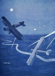布里斯托尔战斗机夜间在伦敦上空袭击德国哥达轰炸机（彩色平版印刷） 作者 杰弗里·沃森