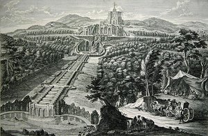 八角楼和瀑布的景色，由W.C. Mayr刻制（铜版画和蚀刻）。 作者 Georg (after) Finck 或 Fuenck