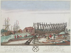 1779 年泽兰海军部弗利辛根造船厂的景色。石版画（36.3x49.1 厘米），莱泽尔根据格奥尔格-巴尔塔萨-普罗普斯特（1732-1801 年）的画作雕刻而成 作者 乔治·巴尔塔萨·普罗布斯特（Georg Balthasar Probst）