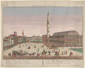 维琴察西格诺里广场的视图与马拉的马车和人物...，ca。 1750至1801年。 作者 乔治·巴尔塔萨·普罗布斯特（Georg Balthasar Probst）
