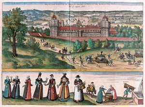 英格兰 Nonsuch（萨里郡宫殿）--载于 Georg Braun 1617 年创作的《Civitates Orbis Terrarum》，科隆 作者 乔治·布劳恩