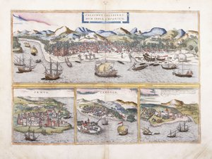 1572年，印度加尔各答，以及波斯湾，印度卡诺纳尔和西非El Mina葡萄牙要塞入口处的Ormuz较小景观