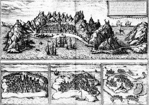 Aden，Mombaza，Quiloa和Cefala的观点，来自Georg Braun的“Civitates orbis terrarum”，于1572年出版