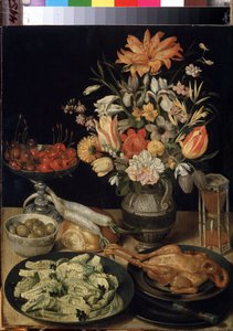 "静物与鲜花和点心"（Nature morte aux fleurs, poulet, sablier, olives, cerises et chou） 格奥尔格-弗莱格尔（1566-1638 年）的画作 1630-1635 年 尺寸：52.5x41 厘米 圣彼得堡冬宫博物馆 作者 Georg Flegel