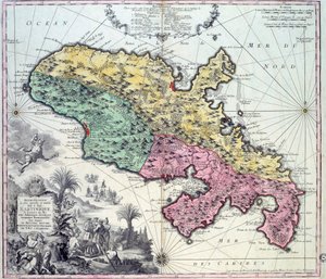 西印度群岛马提尼克岛的详细地图。 Matthew Seutter (1678-1757) 雕刻 18 世纪沙特尔，美术博物馆