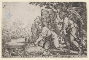 Tobiolus捕鱼》，出自《Tobias的故事》，1543年。 作者 乔治·彭茨