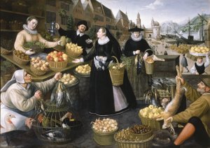 秋天的寓言：美因河畔法兰克福 Weinmarkt 上的果蔬摊位 作者 Georg 和 Valkenborch Lucas Van Flegel