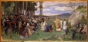 不来梅 (801-865) 的 Anschaire (Oscar) 在斯堪的纳维亚宣讲基督教 - Ansgar Preaching Christian，作者：Pauli, Georg (1855-1935)。 布面油画。 尺寸：64x136 厘米。 斯德哥尔摩国家博物馆