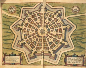 意大利，帕尔马诺瓦，地图，由活跃在科隆的Georg Braun和Franz Hogenberg雕刻自Civitates Orbis Terrarum。 作者 弗兰斯
