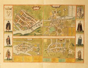 高威、都柏林、利默里克和科克地图，来自Georg Braun的Civitates Orbis Terrarum。 作者 弗兰斯