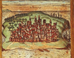 肯尼亚蒙巴萨地图，出自Georg Braun和Franz Hogenberg的Civitates Orbis Terrarum，雕版印刷。 作者 弗兰斯