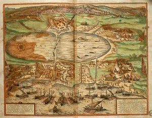 突尼斯的地图，来自Georg Braun和Franz Hogenberg的Civitates Orbis Terrarum，雕刻。 作者 弗兰斯