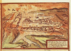 马耳他岛地图，摘自乔治-布劳恩的《Civitates Orbis Terrarum》。 作者 弗兰斯