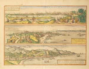 西班牙塞维利亚、加的斯和马拉加的地图，来自Georg Braun的Civitates Orbis Terrarum。