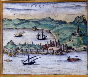 摩洛哥的休达，来自布劳恩和霍根伯格的地图集《Civitates Orbis Terrarum》。 作者 弗兰斯