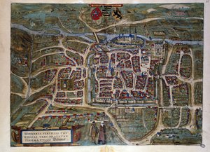 德国城市魏玛的地图。雕刻自1572年 "布劳恩和霍根伯格 "的地图集。