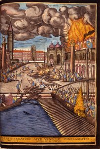 1577年威尼斯圣马可广场上的公爵府大火。乔治-布劳恩的雕刻，载于弗朗茨-霍根伯格（1535-1590）撰写的 "Civitatis Orbis Terrarum "第一卷。