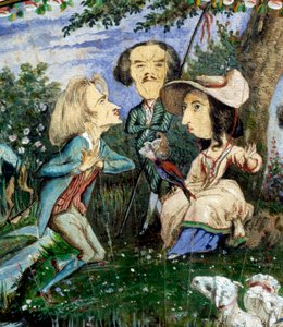 Fan of caricatures painted in gouache by George Sand (Aurore Dupin, Baronne Dudevant) (1804-1876) and Auguste Charpentier (1815-1880): detail depicting the woman of letters George Sand, surrounded by Eugene Delacroix (centre) and Franz Liszt. 19th century 