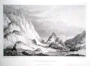 冰山附着在冰冷的礁石上，向海看去，出自约翰-富兰克林爵士（1786-1847）的《1819-22年极地海岸之旅记》，由爱德华-芬登（1791-1857）雕刻，1823-28年出版（雕刻版）。 作者 乔治（之后）返回