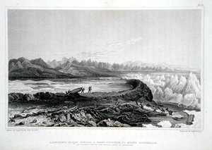 在Conybeare山对面的礁石上放船，出自约翰-富兰克林爵士（1786-1847）的《1819-22年极地海岸之旅记》，由爱德华-芬登（1791-1857）刻制，1823-28年出版（彩色雕刻）。 作者 乔治（之后）返回
