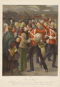 再见！ 1899 年 10 月 21 日，第 3 营掷弹兵卫队离开滑铁卢车站（彩色光刻） 作者 乔治（后）哈考特
