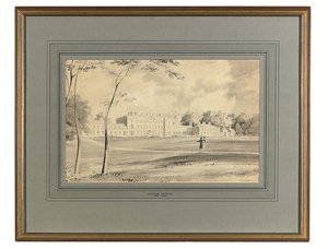 基尔代尔郡纸箱屋 (Carton House)，伦斯特公爵 (Duke of Leinster) 所在地（铅笔和灰色水洗） 作者 乔治（后）彼得里