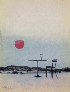 从外面的桌子上的玻璃杯中取出的红葡萄酒变成了夕阳（卡片上带有洗涤和水粉的笔） 作者 乔治·亚当森