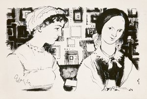 简·奥斯汀（1775-1817）和夏洛蒂·勃朗特（1816-55） - 想象中的遭遇（印度墨水在船上） 作者 乔治·亚当森
