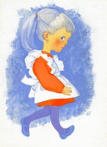 20世纪70年代围裙的小女孩（gessoed硬质纤维板上的水粉） 作者 乔治·亚当森